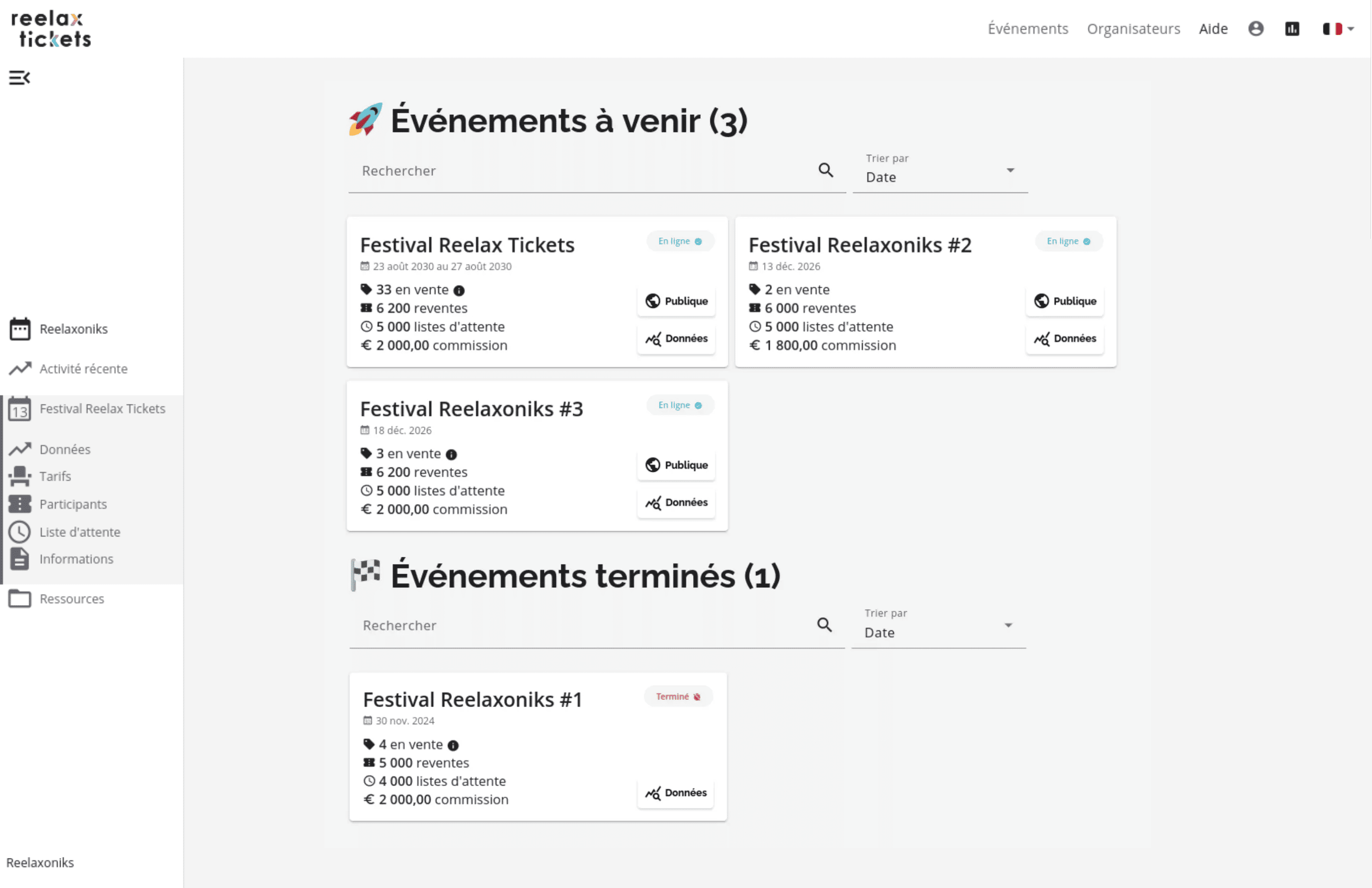 Tableau de bord organisateur - Reelax Tickets